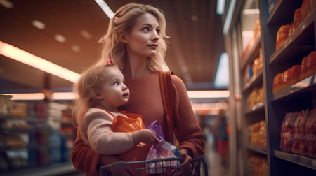 Young mother and her little daughter shopping in a grocery store. Shopping concept.の素材