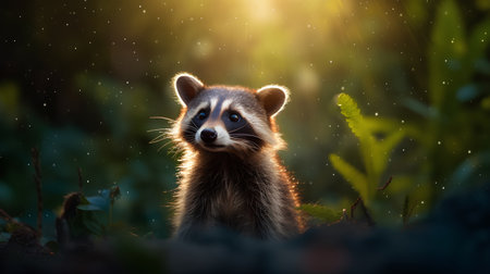Raccoon in the forest at sunset. Wildlife scene from nature.の素材