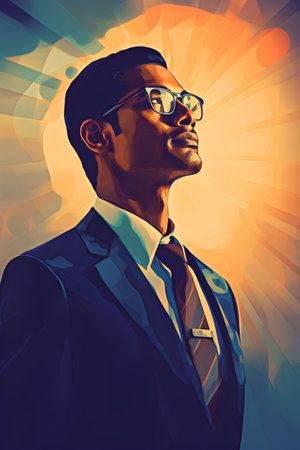 Portrait of a handsome African American man in a suit and glasses.の素材