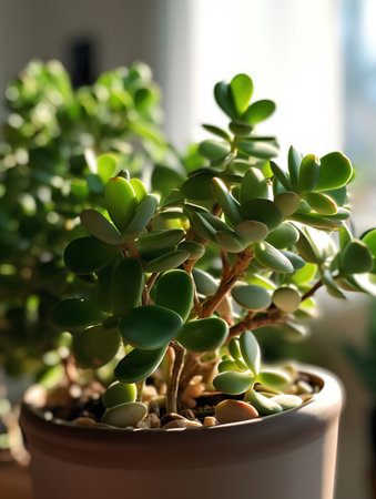 Succulent plant in a pot on the windowsill. Selective focusの素材