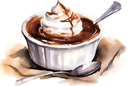 Coffee cup with whipped cream and spoon. Watercolor illustrationの素材