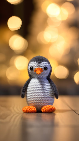 Handmade knitted toy penguin on bokeh background.の素材