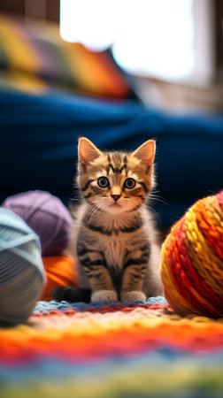 Cute little bengal kitten playing with balls of yarn at homeの素材