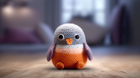 Handmade knitted toy penguin sitting on the floor in the bedroomの素材