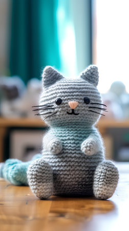 Handmade knitted toy cat on a wooden table in the roomの素材