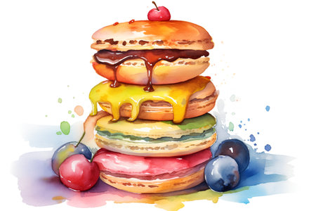 Watercolor illustration of a stack of colorful macaroons with caramel sauce and plumsの素材
