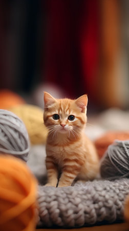 Cute ginger kitten on a knitted plaid with balls of yarnの素材