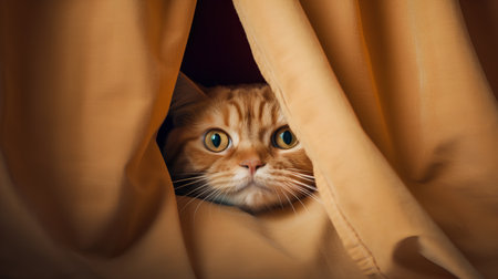 Cute ginger cat peeking out of the curtain in the room.の素材