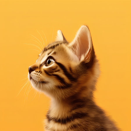 Portrait of cute little bengal kitten isolated on orange backgroundの素材