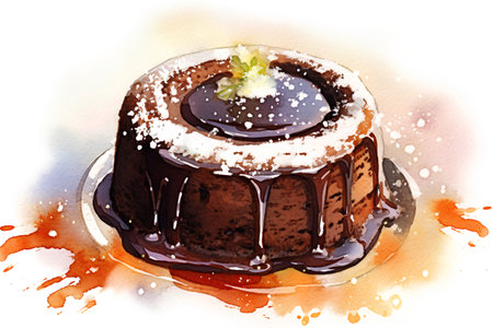 Chocolate bundt cake with icing. Watercolor hand drawn illustrationの素材
