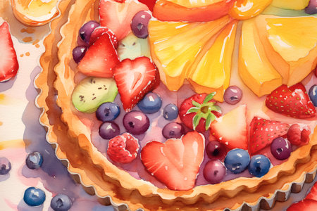 Watercolor illustration of a cake with strawberries, blueberries and orangesの素材
