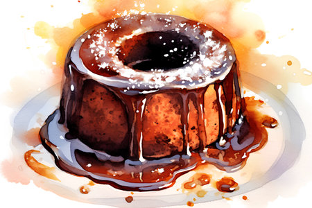 Hand drawn watercolor illustration of a chocolate flan with whipped creamの素材
