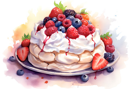 Watercolor illustration of Pavlova cake with whipped cream and fresh berries.の素材