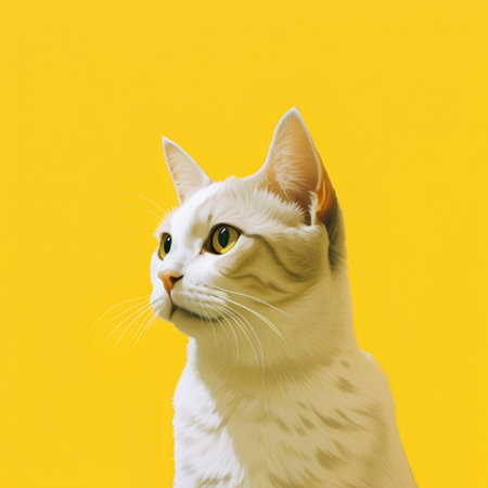 Portrait of a white cat with yellow eyes on a yellow backgroundの素材