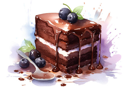 Watercolor illustration of a piece of chocolate cake with blueberries.の素材