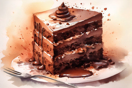 Watercolor drawing of chocolate cake with cream and chocolate glaze.の素材