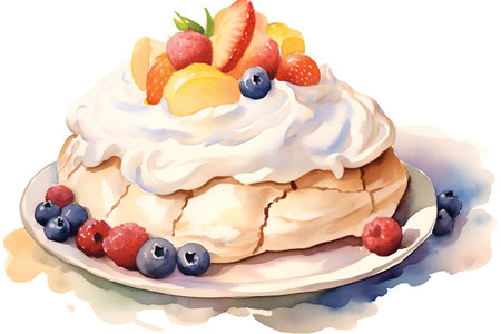 Watercolor illustration of cake with cream and berries on a white backgroundの素材