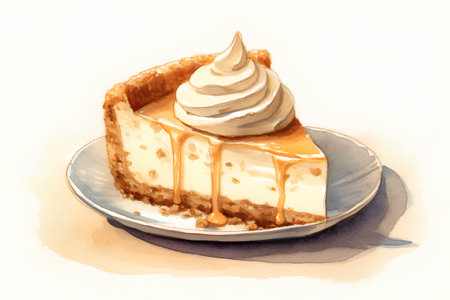 Watercolor illustration of a slice of cheesecake with whipped cream.の素材