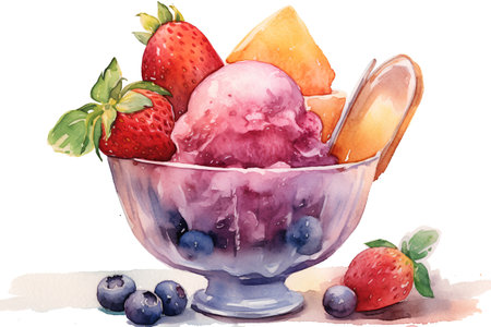 Watercolor ice cream in a bowl with berries. Hand drawn illustrationの素材