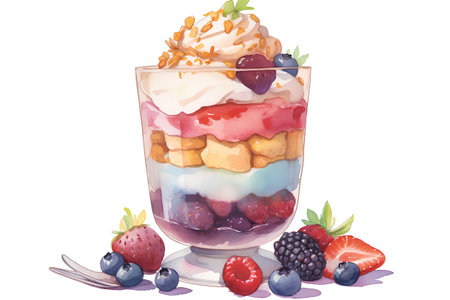 Watercolor illustration of a dessert with strawberries, blueberries, raspberries and whipped cream in a glassの素材