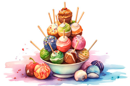 Watercolor illustration of candies in a bowl. Hand drawn sweetsの素材