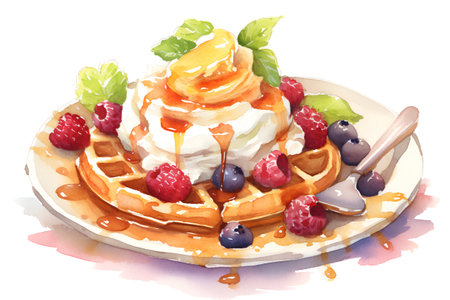 Watercolor illustration of waffles with whipped cream and fresh berries.の素材