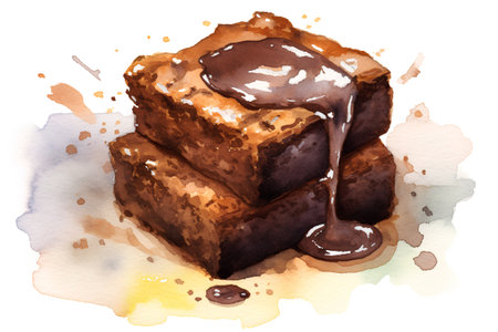 Watercolor hand drawn illustration of chocolate cake with chocolate syrup on white backgroundの素材