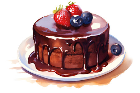 Watercolor illustration of a chocolate cake with strawberries and blueberries.の素材
