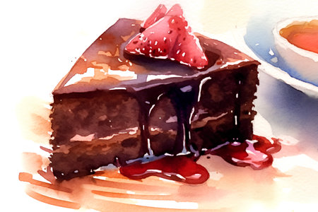 Watercolor illustration of a piece of chocolate cake with strawberry jam.の素材