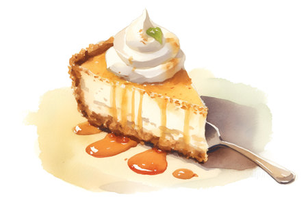 Watercolor illustration of cheesecake with whipped cream and caramel sauce.の素材