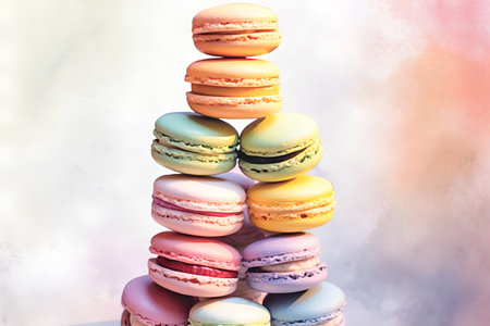 Colorful macaroons stacked in a pyramid on a white backgroundの素材