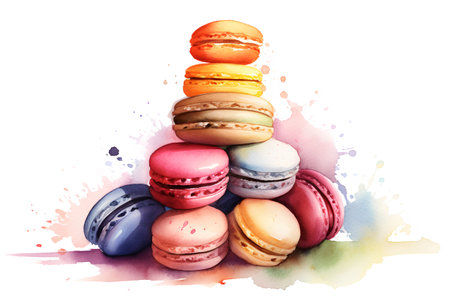 Colorful macaroons. Watercolor hand drawn illustration on white backgroundの素材