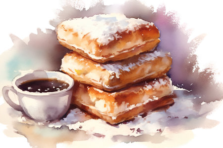 Watercolor illustration of a stack of croissants and a cup of coffeeの素材