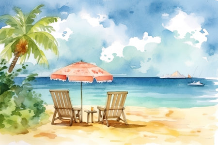 Illustration of a tropical beach with two chaise loungesの素材