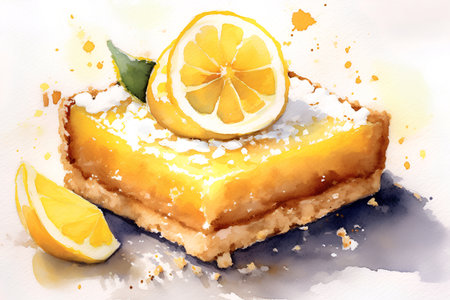 Watercolor illustration of a slice of lemon cake on a white backgroundの素材