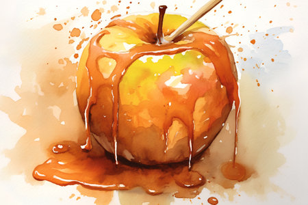 Watercolor illustration of an apple with caramel on a white background.の素材