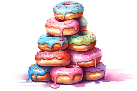 Watercolor illustration of a stack of donuts with glaze.の素材