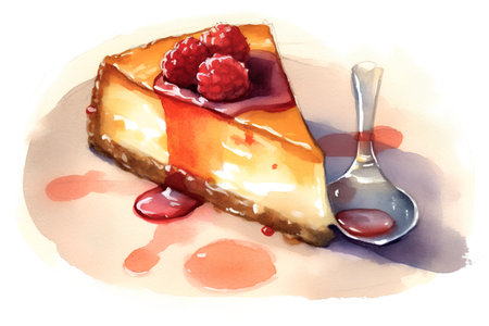watercolor illustration of a piece of cheesecake with raspberries and jamの素材