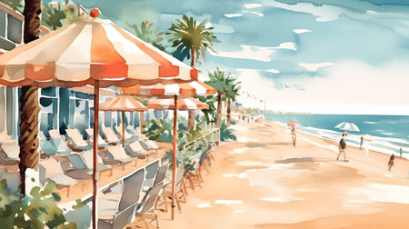 Watercolor drawing of a beach with umbrellas and palm treesの素材