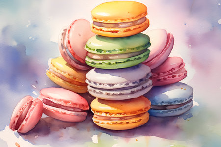 Colorful macaroons on watercolor background. Watercolor illustration.の素材