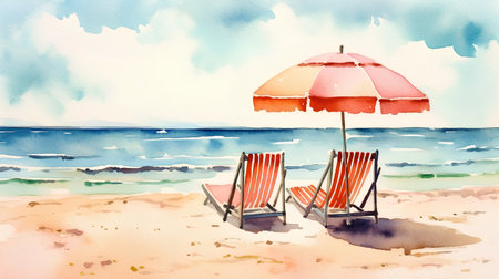 Watercolor illustration of a beach with chaise lounges and umbrellaの素材