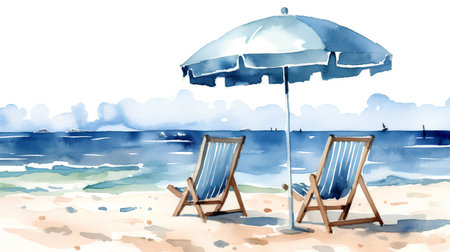 Beautiful vector image with nice watercolor hand drawn beach and umbrellaの素材