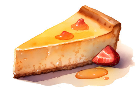 Watercolor illustration of a slice of cheesecake with strawberry and honeyの素材