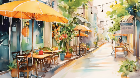 Watercolor sketch of street cafe in Paris, France. Digital illustrationの素材