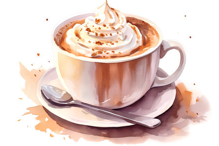 Cup of coffee with whipped cream. Watercolor hand drawn illustrationの素材