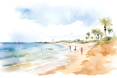 Watercolor illustration of a beach with palm trees in the background.の素材