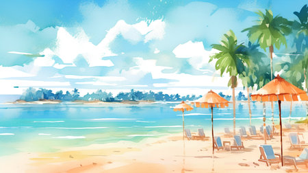 Beautiful tropical beach with palm trees and umbrellas. Watercolor illustrationの素材