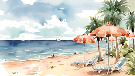 Tropical beach with umbrellas and chairs. Watercolor illustrationの素材