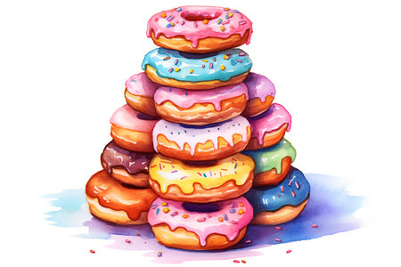 Illustration of a stack of colorful donuts on a white backgroundの素材