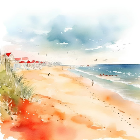 Watercolor drawing of a beach on the Baltic Sea in Poland.の素材